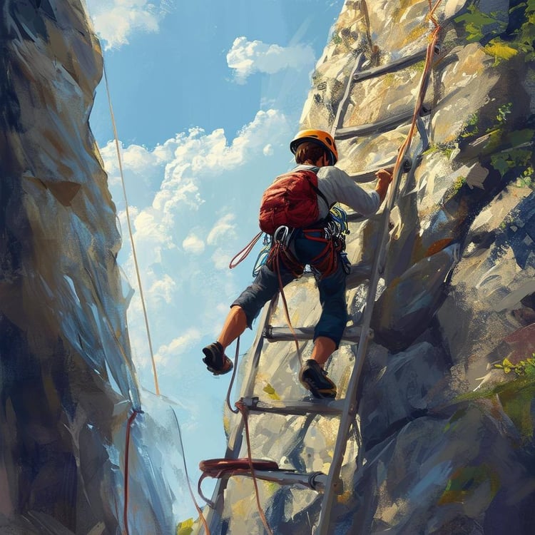 Climbing a ladder on a mountain